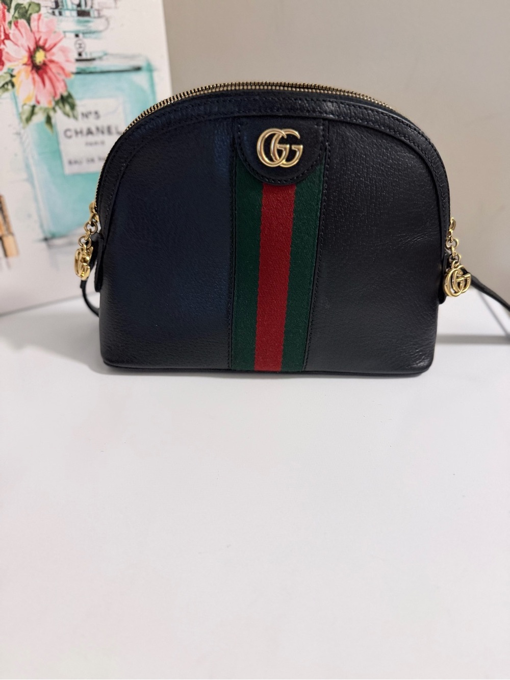 Gucci Black Leather Crossbody with Green and Red Web Stripe